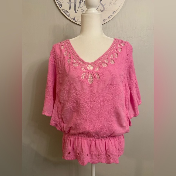 Democracy Tops - Democracy Pink Textured Blouse with Lace Accents